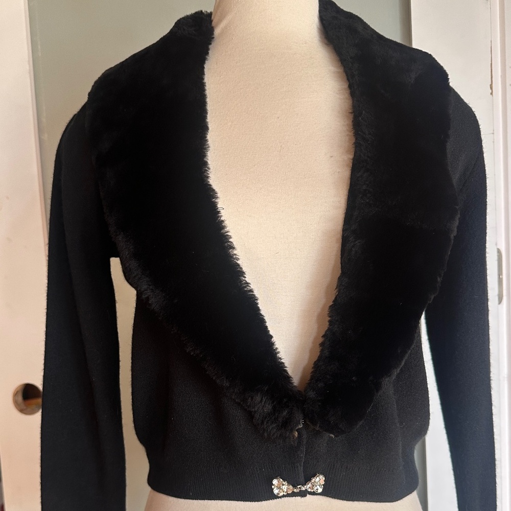 Vintage Genuine Mouton Fur Shawl Collar Sweater Black S, Rhinestone Accents